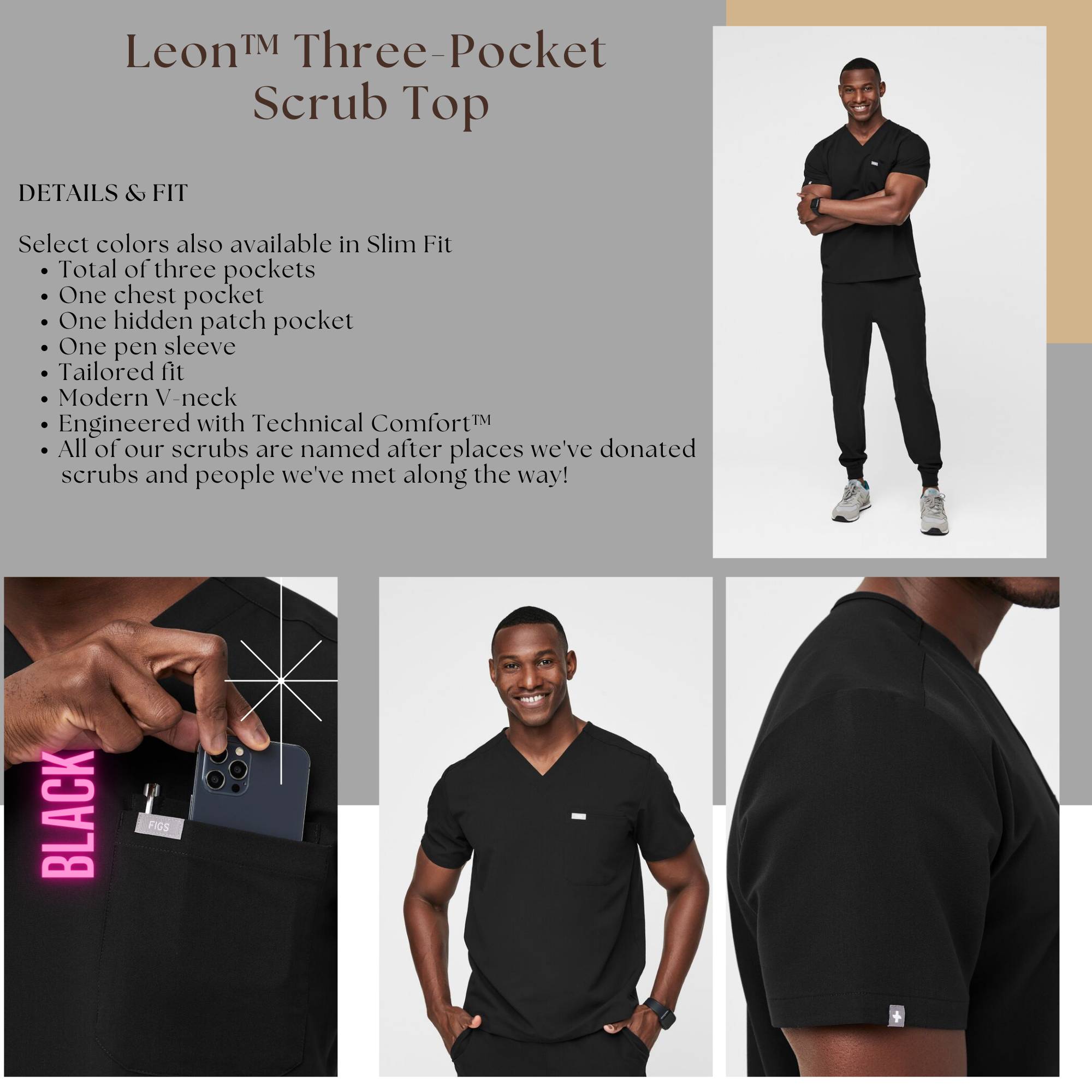 Leon™ Three-Pocket Scrub Top - Black (XL) - Invastor