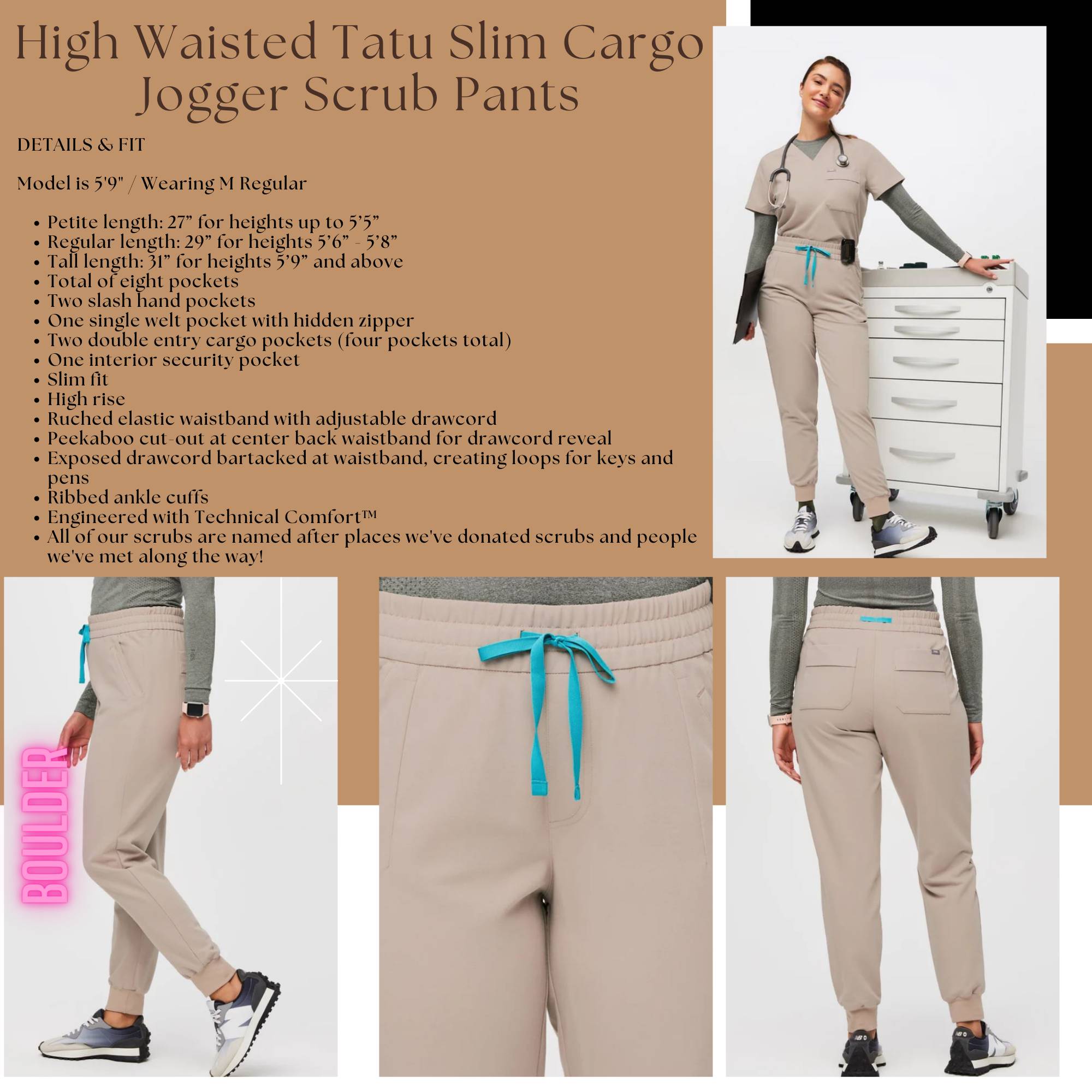 High Waisted Tatu Slim Cargo Jogger Scrub Pants - Petite - Boulder