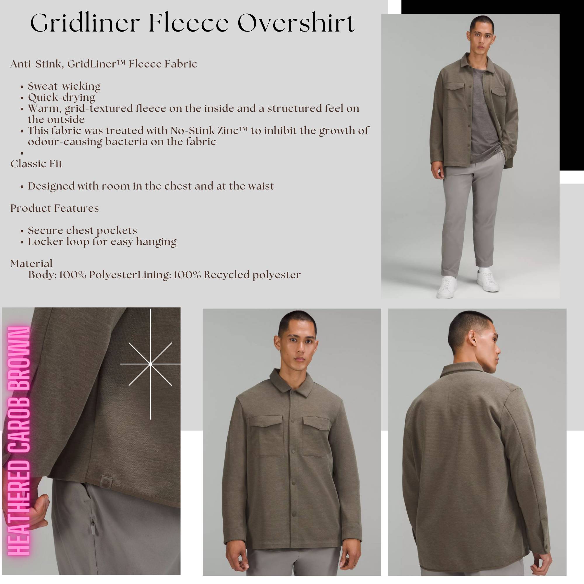 Gridliner Fleece Overshirt Size L top Color Heathered Carob Brown