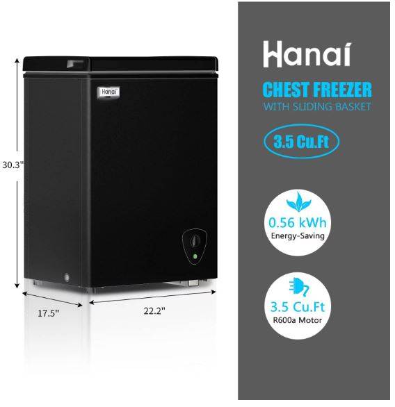 WANAI Chest Freezer Small Deep 3.5 Cu.Ft Black Mini Freezers Top Door  Adjustable 7 Thermostat and Removable Basket Open Garage Basement Apartment