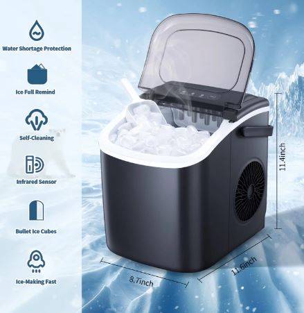 CROWNFUL Ice Maker Machine for Countertop, 9 Bullet Ice Cubes S/L