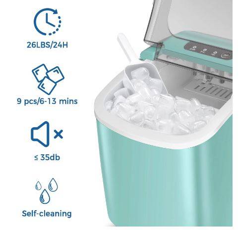 R.W.FLAME Countertop Ice Maker Portable Ice Machine with Handle,  Self-Cleaning Ice Makers, 26Lbs/24H, 9 Ice Cubes Ready in 6 Mins for Home  Kitchen Party Bar Green - Invastor