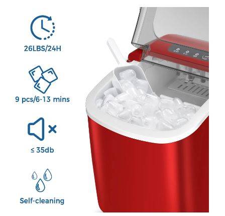 R.W.FLAME Countertop Ice Maker Portable Ice Machine with Handle,  Self-Cleaning Ice Makers, 26Lbs/24H, 9 Ice Cubes Ready in 6 Mins for Home  Kitchen Bar Party Red - Invastor