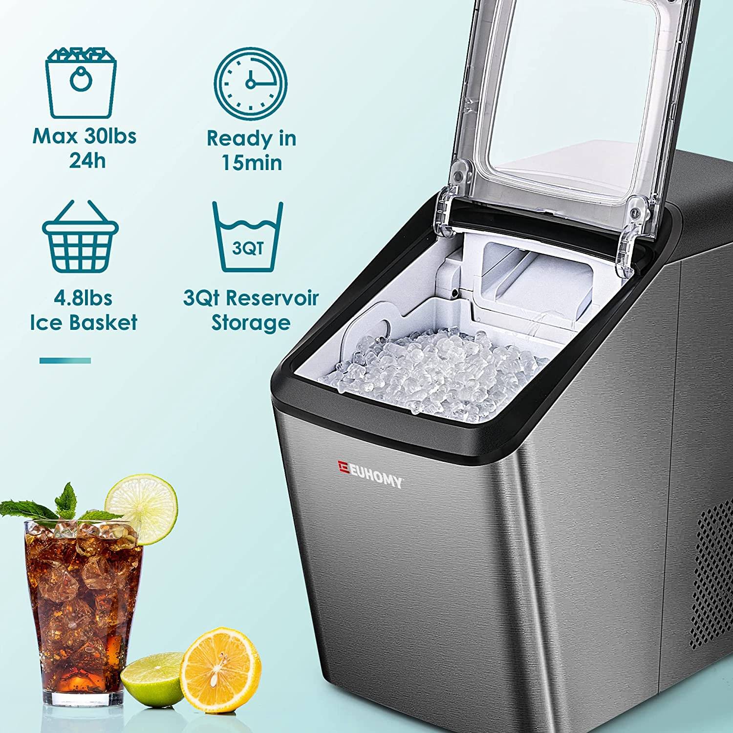 EUHOMY Nugget Ice Maker Countertop, 29lbs/Day, 2 Way Water Refill