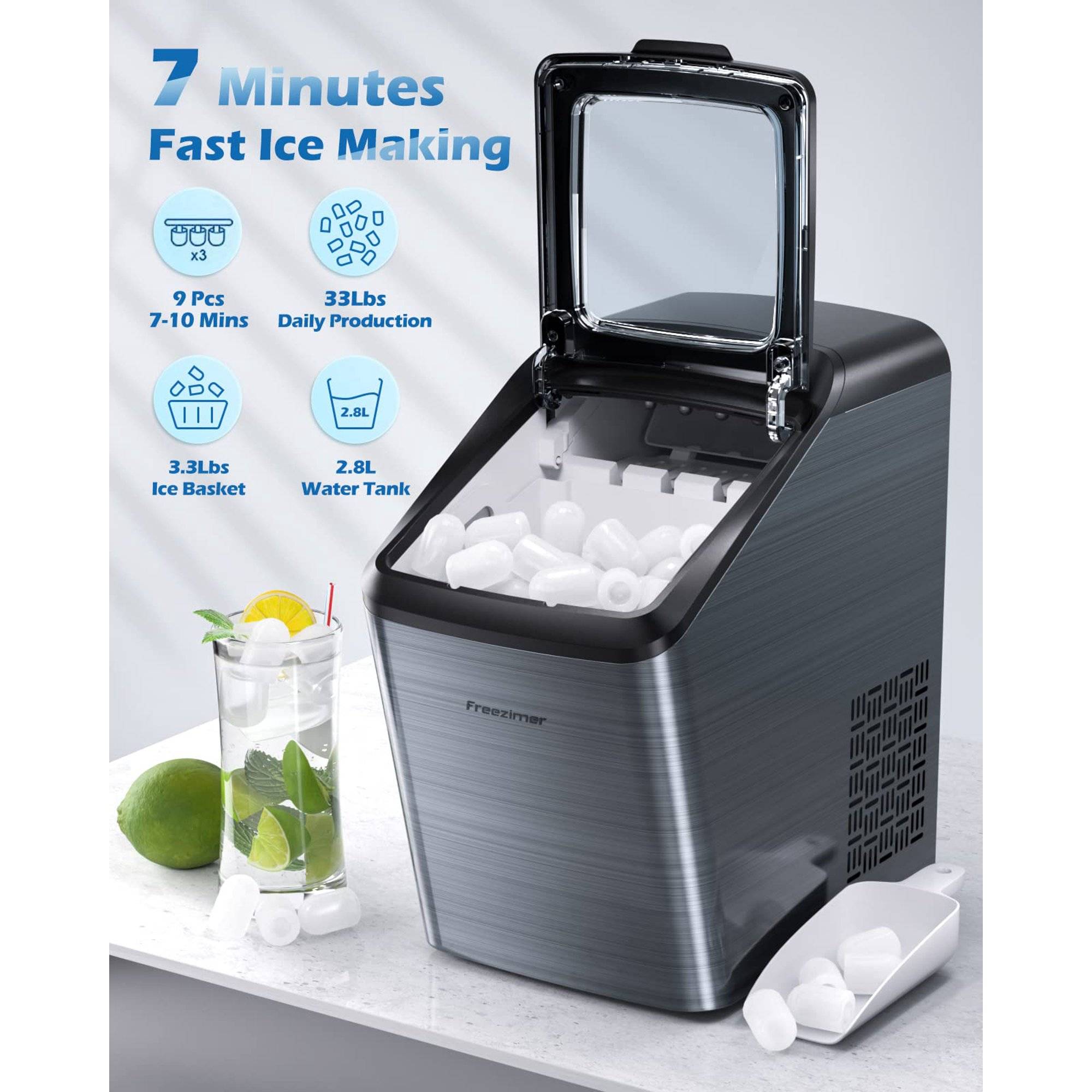 Ice Maker Machine for Countertop, Portable Ice Cube Makers, Make 27 lbs Ice in 24 hrs,Ice Cube Rready in 6-8 Mins with Ice Scoop and Basket
