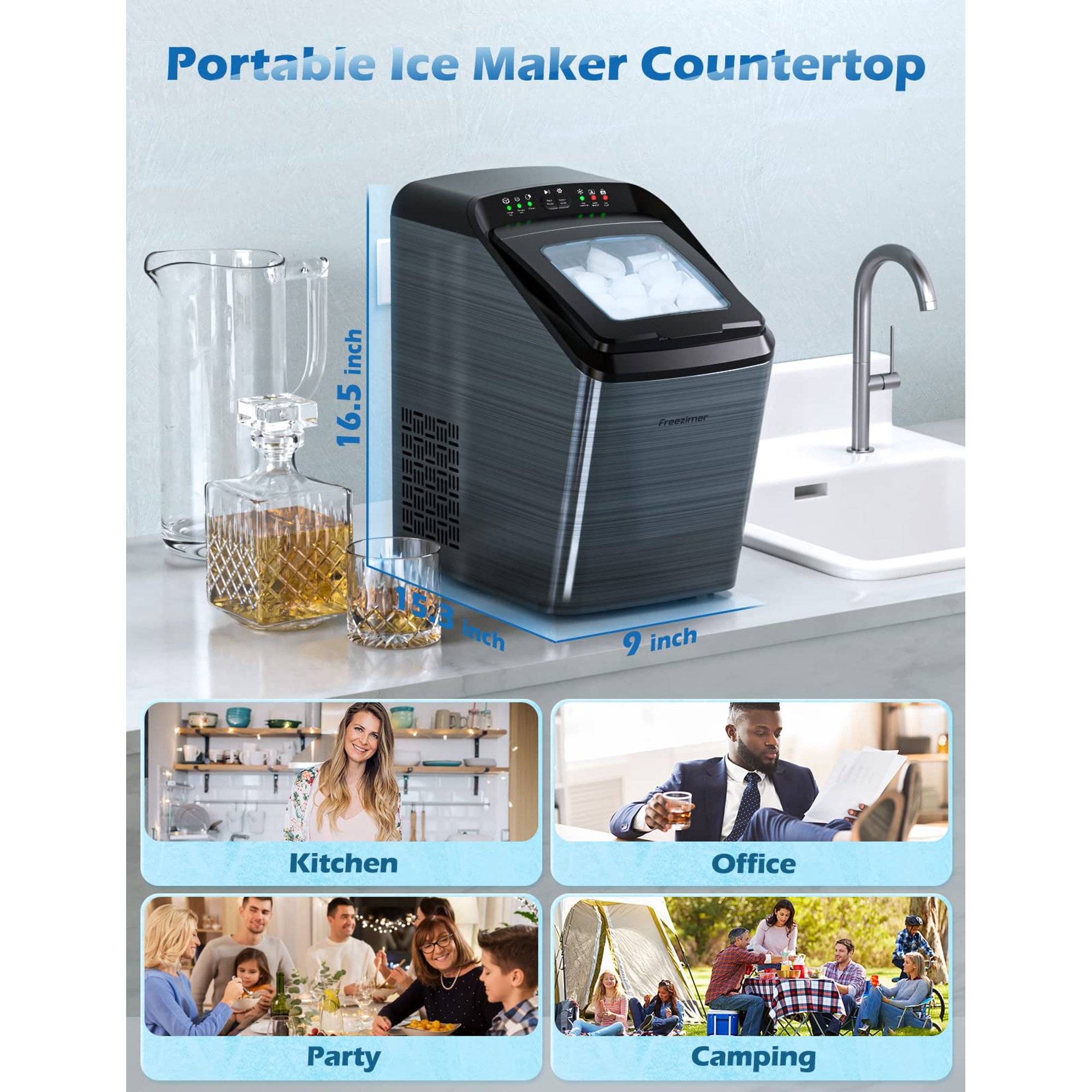 CROWNFUL Compact Ice Maker for Countertop, 9 Bullet Ice Cubes Ready in 7-10  Mins, 33 lbs Ice Cubes in 24H, 2 Size (S/L) Crunchy Ice, Automatic  Self-Cleaning Portable Machine with Ice Scoop