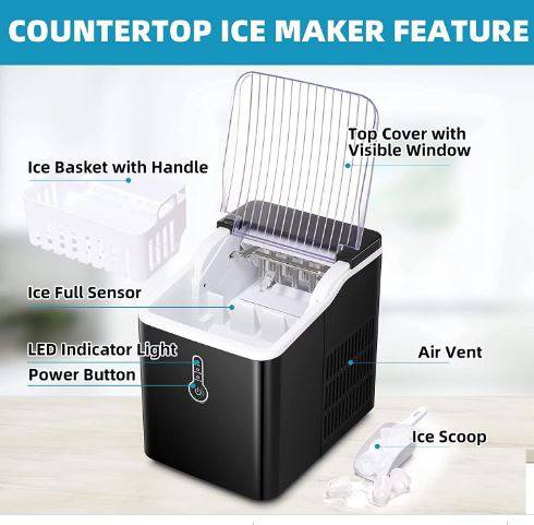 R.W.FLAME Countertop Ice Maker, Self-Cleaning Portable Ice Maker Machine  with Handle, 9 Bullet-Shaped Ice Cubes Ready in 6 Mins, 26Lbs/24H with Ice  Scoop and Basket for Home/Kitchen/Party - Invastor