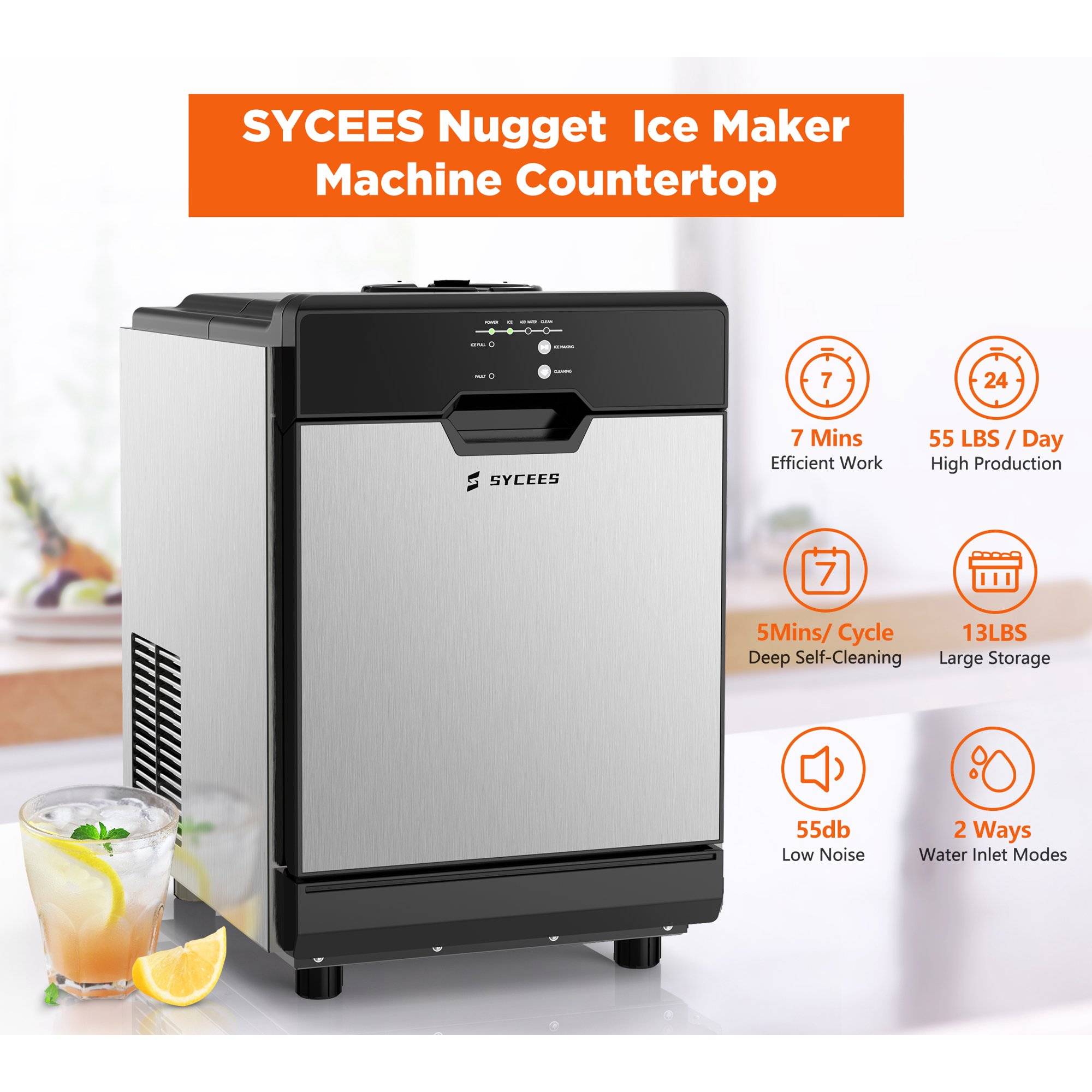 Nugget Ice Maker Countertop, 55 Lbs/Day, Chewable Ice Maker, Rapid