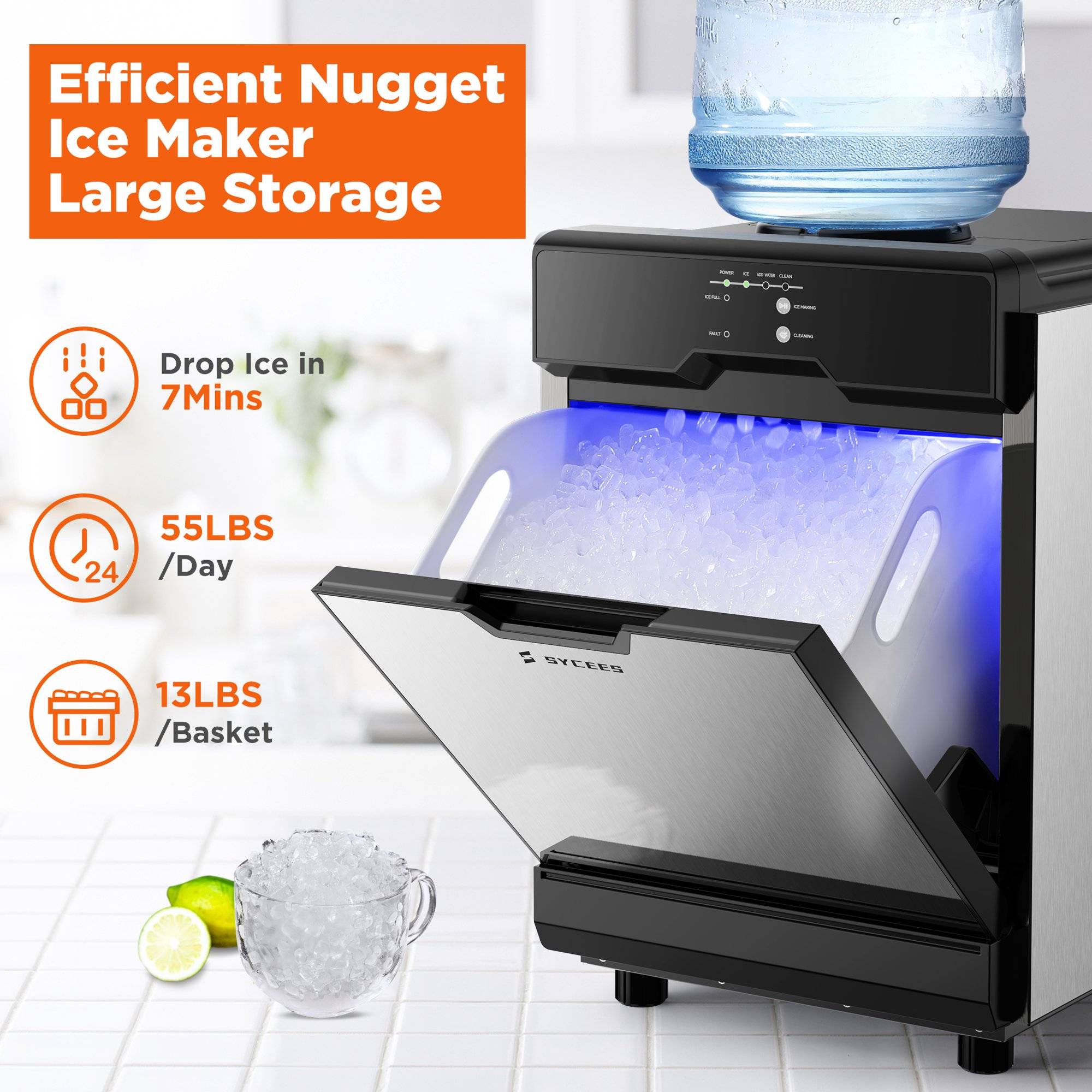 Sycees Nugget Ice Maker Countertop, 55lbs/24h, 13lbs Storage, Sonic Ice Ready in 7 Mins, 2 Ways to Add Water, Self-Cleaning Pellet Ice Machine for