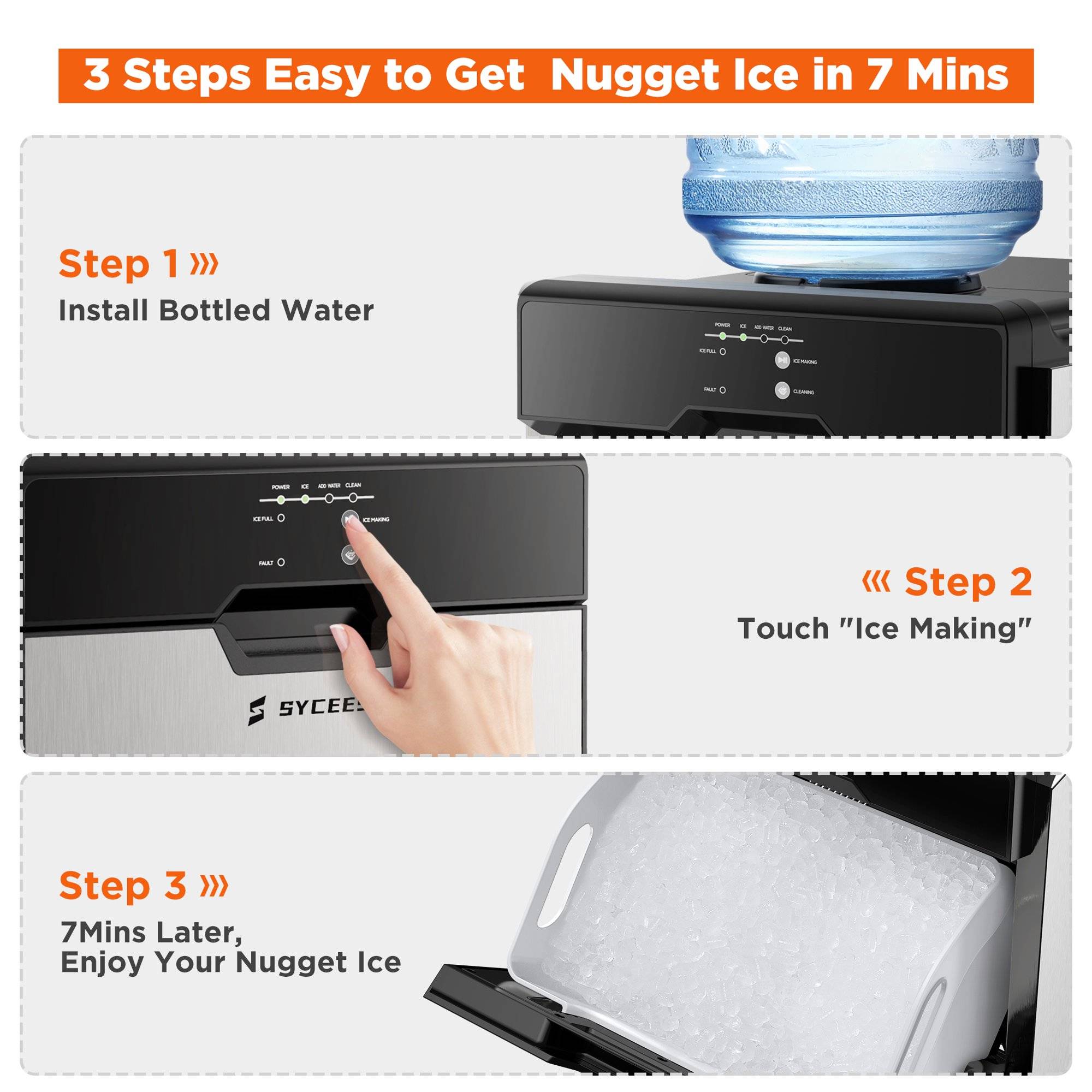 SYCEES Nugget Ice Maker Countertop, 55lbs High Output, 13lbs Large Storage,  7-Min Fast Sonic Ice, 2 Water-Fill Option, Self-Cleaning Pellet Pebble Ice
