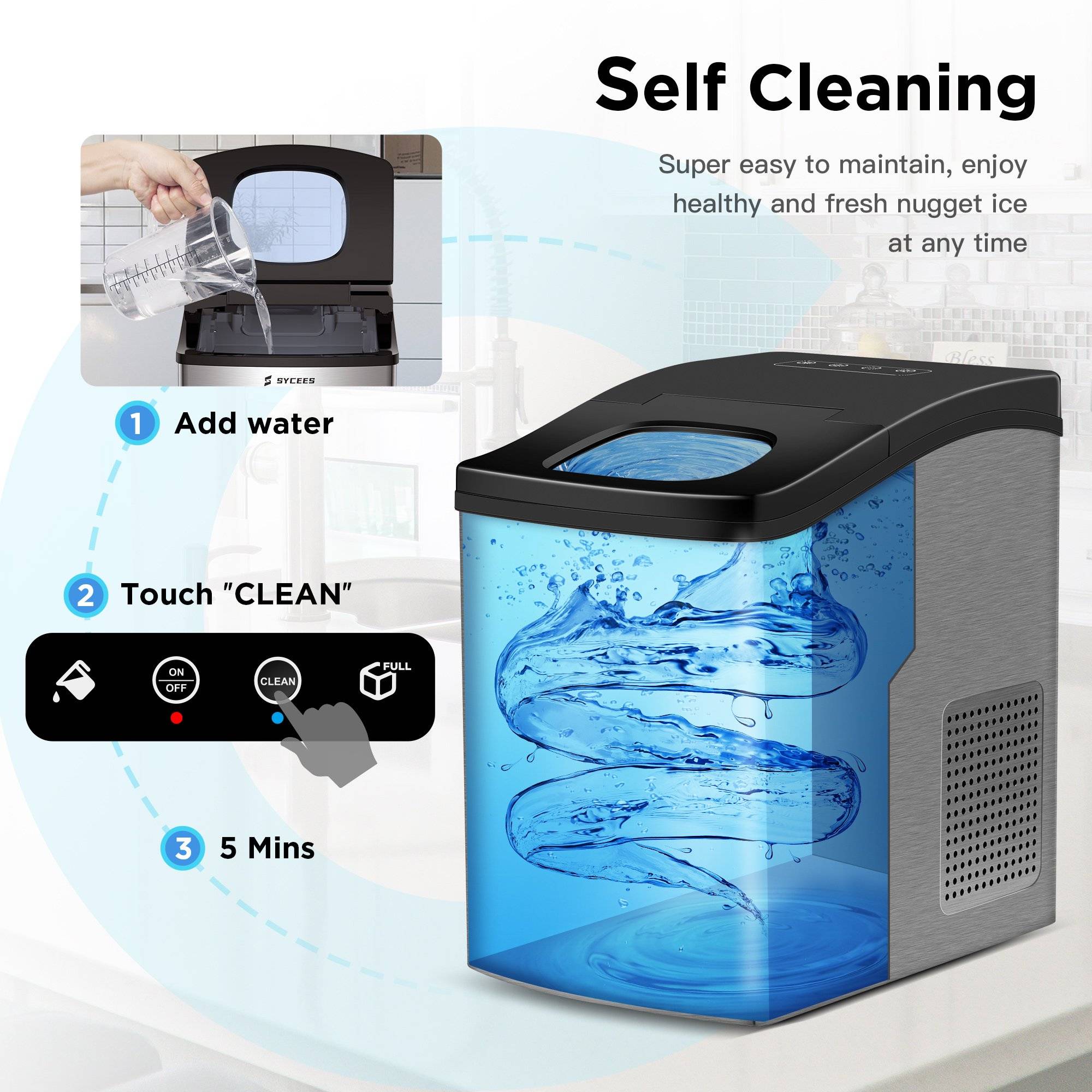  Nugget Ice Maker Countertop, Portable Crushed Sonic Ice  Machine, Self Cleaning Ice Makers