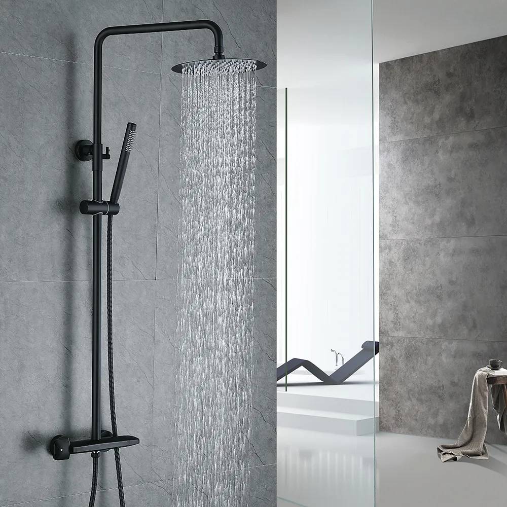 Moda 10 Wall-Mounted Square Rain Shower System with Waterfall Tub Spout in Matte Black