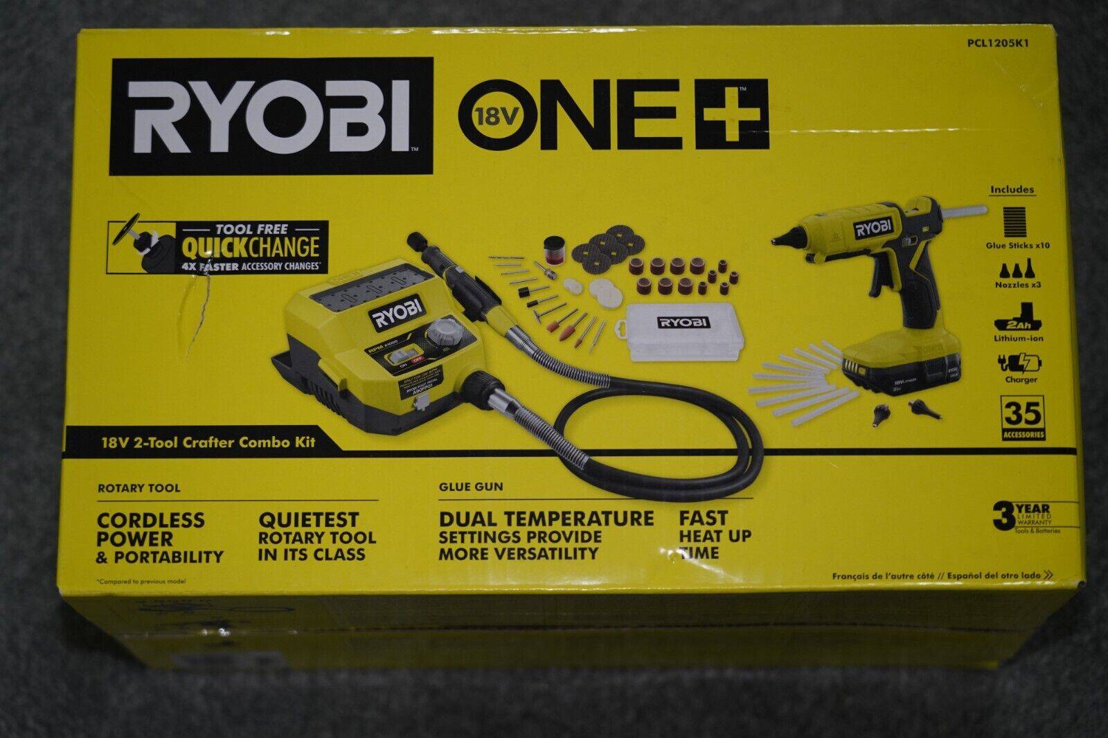 Ryobi One+ 18V Cordless 2- Tool Combo Kit with Rotary Tool Station, Dual Temperature Glue Gun, 2.0 Ah Battery and Charger PCL1205K1