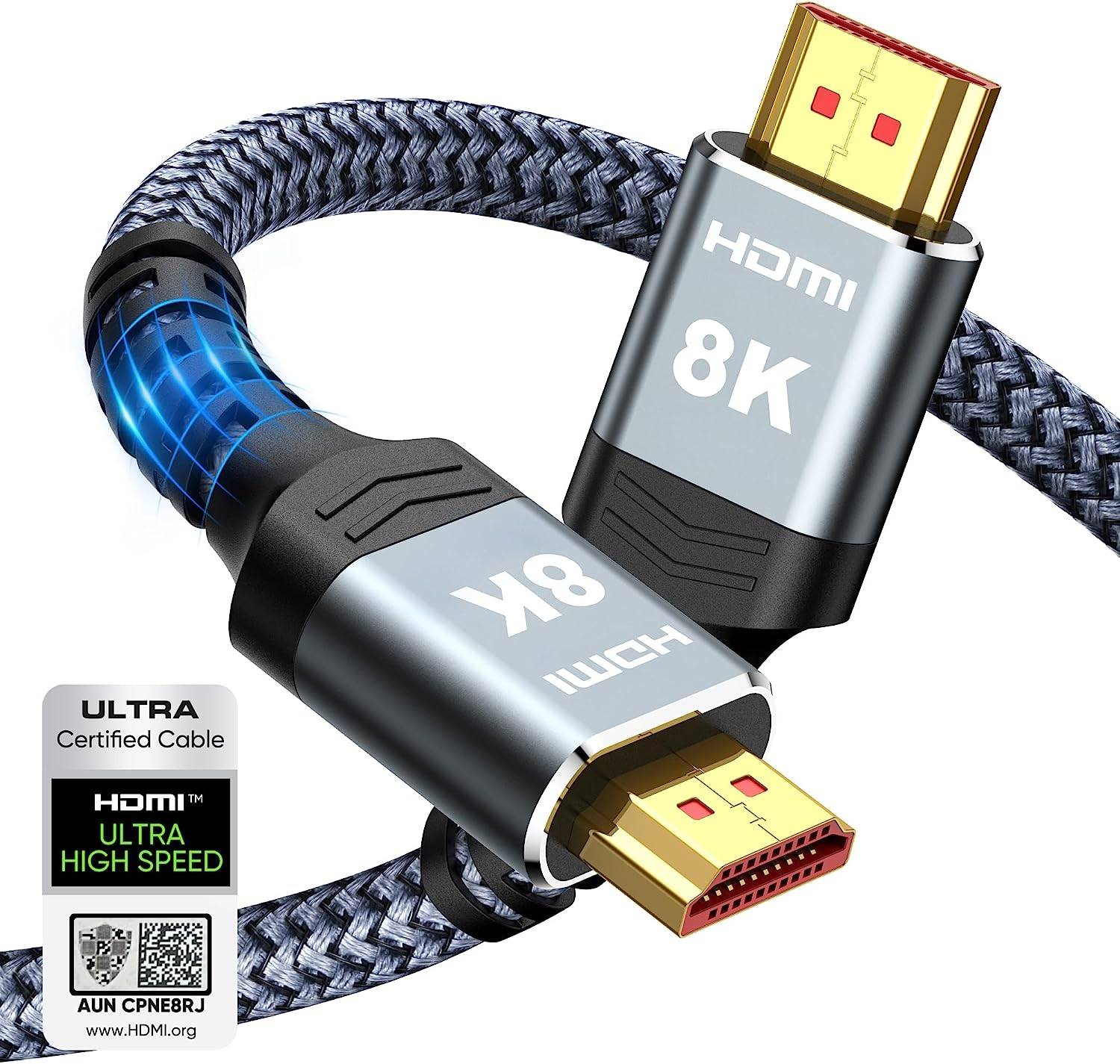 8K HDMI Cable 48Gbps 6.6FT/2M, Highwings Ultra High Speed HDMI Braided Cord-4K@120Hz 8K@60Hz, DTS:X, HDCP 2.2 & 2.3, HDR 10 Compatible with Roku TV